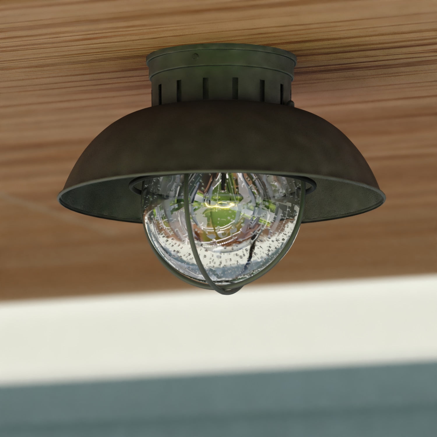 Harwich Textured Gray Coastal Globe Flush Mount with Seeded Glass