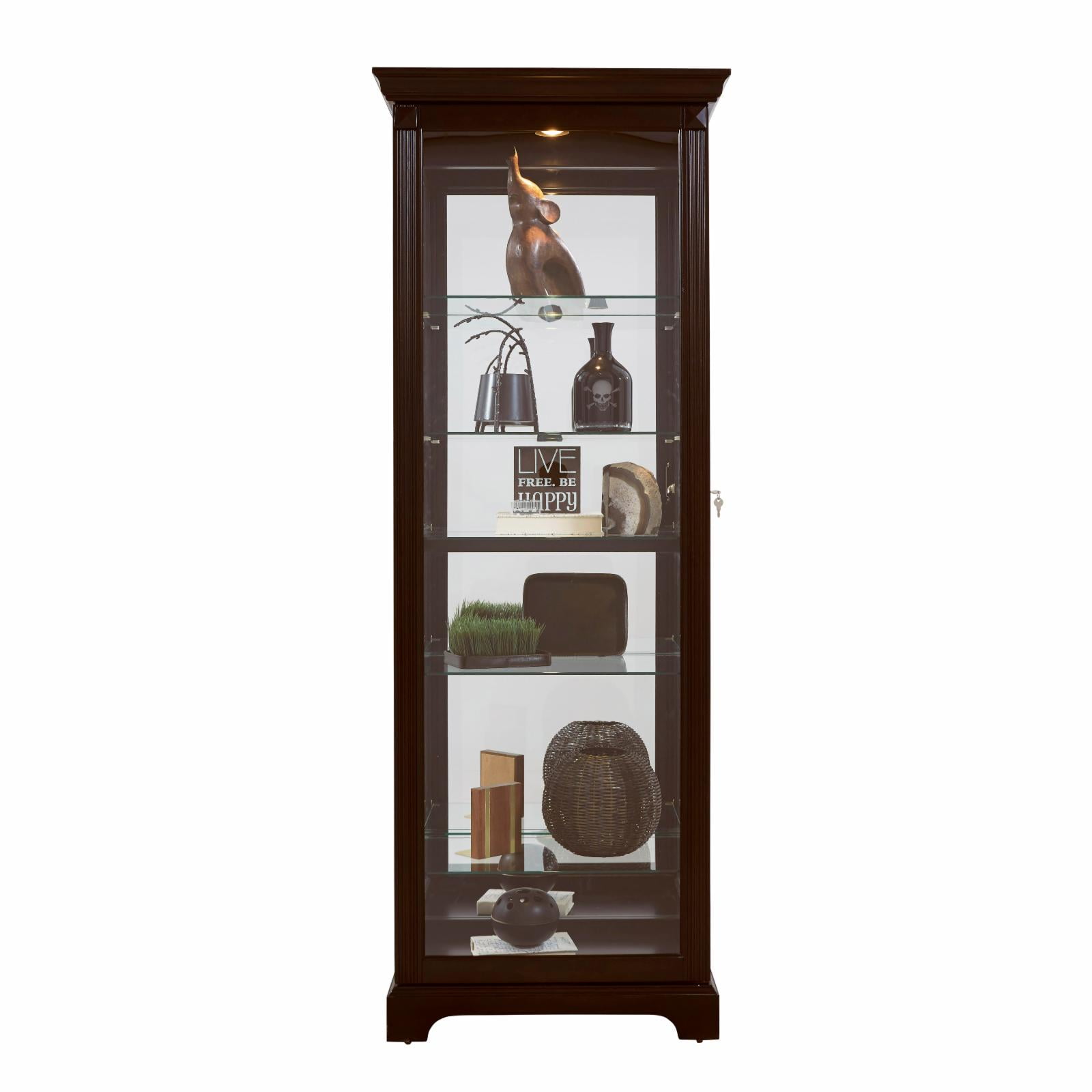 Deep Cherry Brown Lighted 5-Shelf Curio Cabinet with Poplar Wood Legs