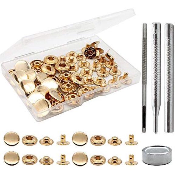 Hasako 12 Set Leather Snap Fasteners Kit, 15mm Metal Snap Buttons Kit Press Studs with 4 Install Tools, Rivets and Snaps for Clothing, Jeans, Jackets, Bracelets, Bags (Gold)
