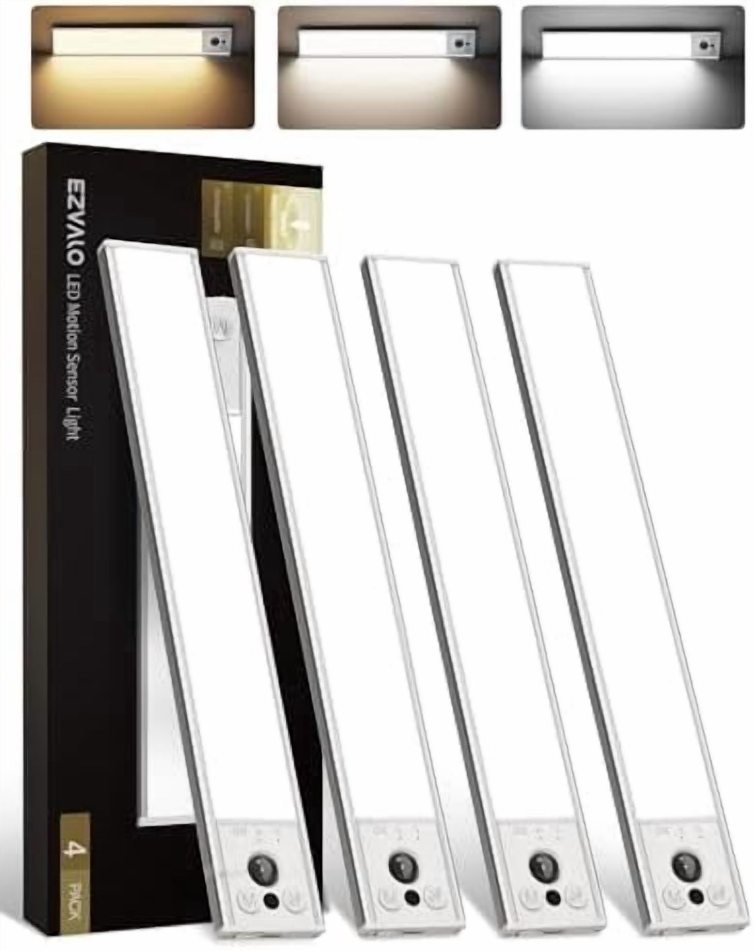 Hasako 12inch Under Cabinet Lighting, 3200mAh Rechargeable Motion Sensor Light Indoor, with Dimmable & 3 Color Temps, Magnetic Closet Lights, Wireless Under Counter Lights for Kitchen, Stairs (4-