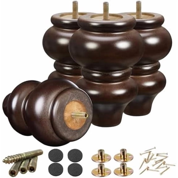 Hasako 5 Inch Wood Furniture Legs Set of 4, Solid Eucalyptus Round Couch Legs in Espresso, 1102 Lbs Capacity Mid Century Sofa Replacement Parts with 5/16 & M8 Bolts for Dresser, Cabinet, Bed