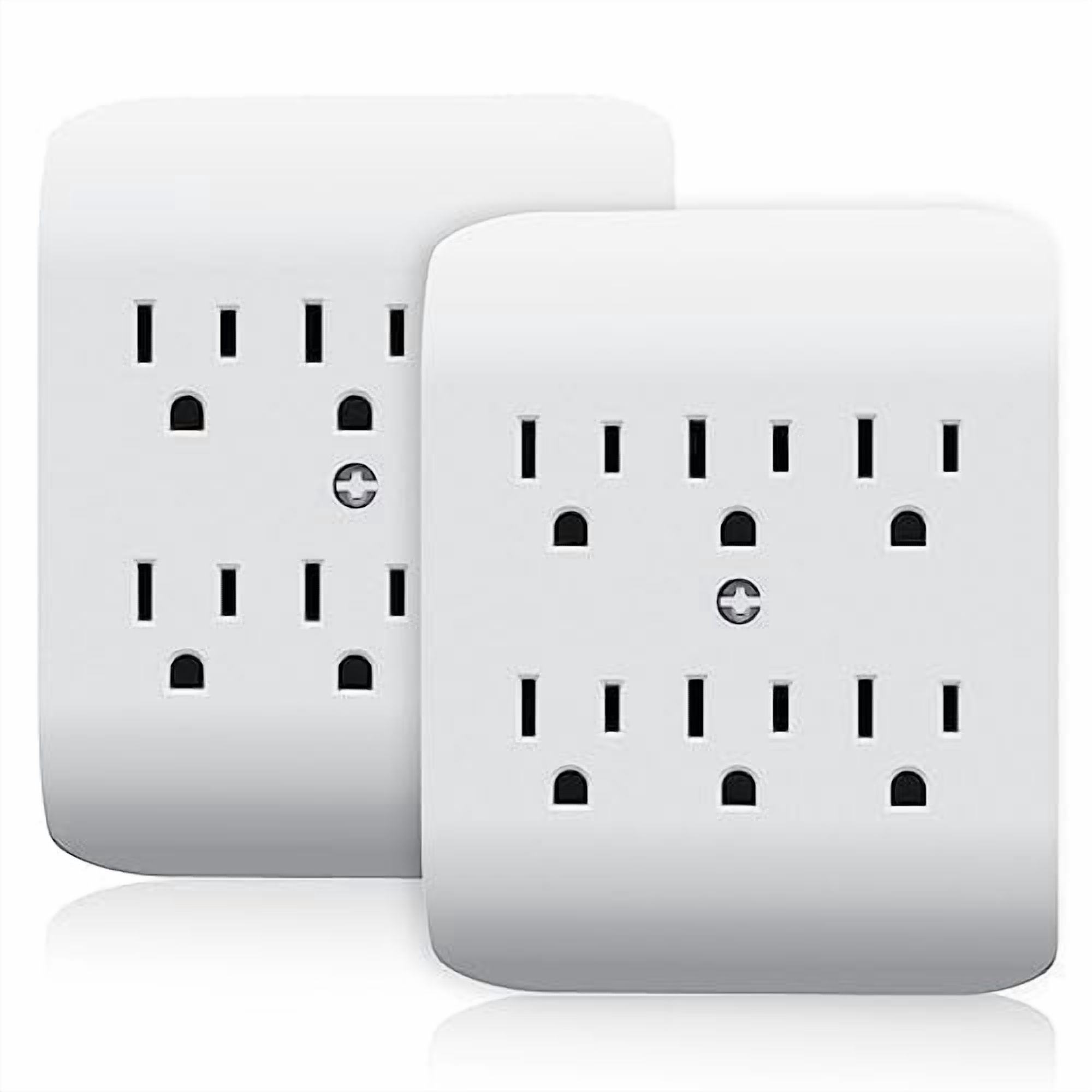 Hasako 6-Outlet Extender with Central Anchor, 3-Prong Grounded Wall Tab, Multiple Outlet Extender with 6 Electrical Outlets, ETL Listed, 2 Packs, White