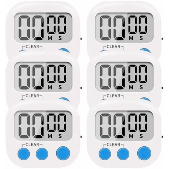 Hasako 6 Pack Small Digital Kitchen Timer Magnetic Back and ON/Off Switch,Minute Second Count Up Countdown, White