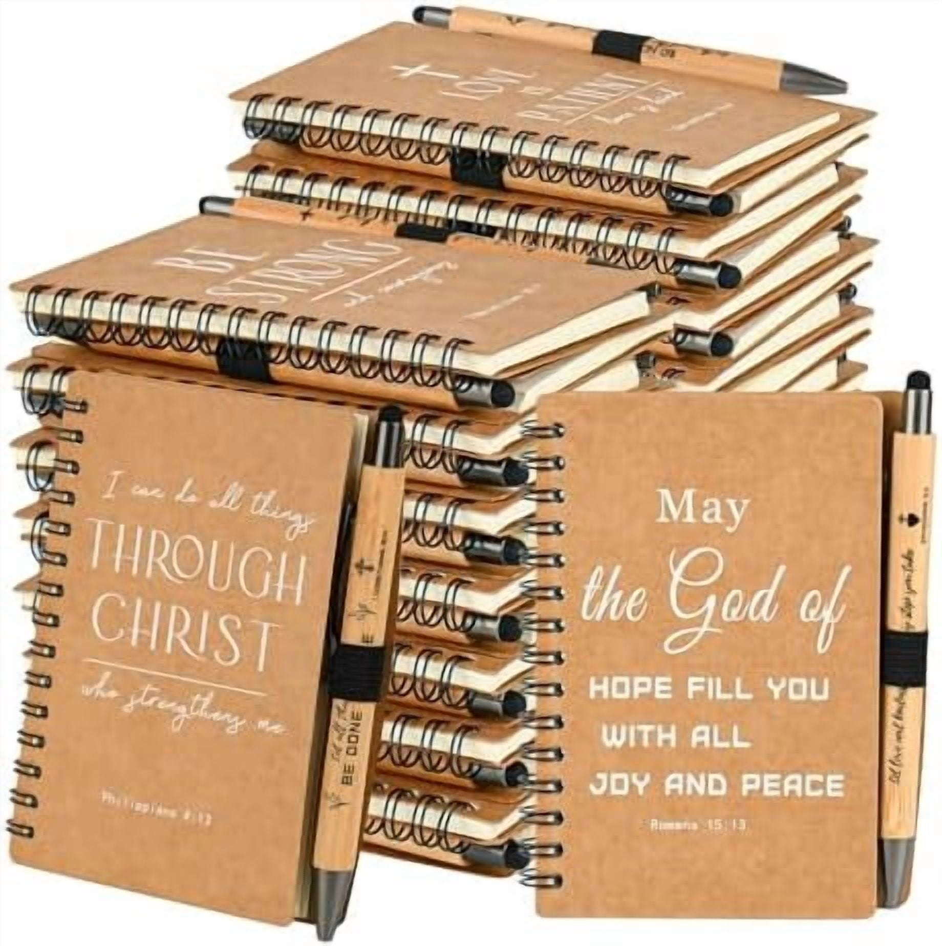 Hasako Christian Prayer Journal Spiral Notebooks Bulk with Pens - Small Lined Notepads (4.13”x5.43”) - Mothers Day Gifts for Women,Church Members & Bible Study Groups (60 sets Brown)