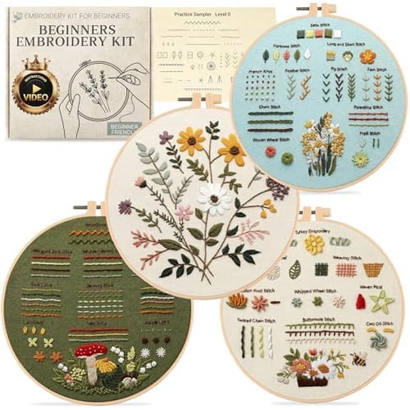 Hasako Embroidery Kit for Beginners Adults with Level 0 Practice Sampler, 5 Pre-Printed Patterns & Video Tutorials with 7.8" Hoop, Learn 30+ Stitches, DIY Needlework Craft Gift for Women