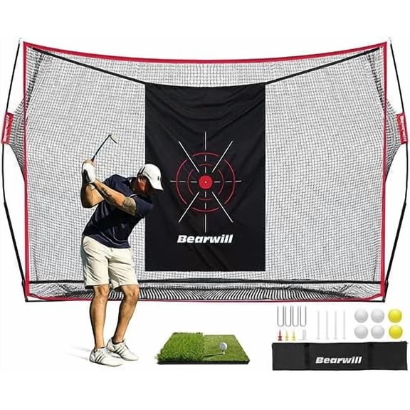 Hasako Golf Net, 10x7ft Heavy Duty Golf Practice Nets with Mat, Target Cloth, 8 Tees, 6 Balls, Carry Bag for Backyard Driving Chipping Indoor Outdoor Training