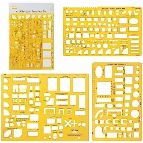 Hasako- House Plan, 3 pcs, Interior Design and Furniture Templates, Clear Flexible Plastic, Drafting Tools, Ruler Shapes for Architecture, 1/4 Inch Scale, Kitchen, Bath, Bedroom, Office, Living Room