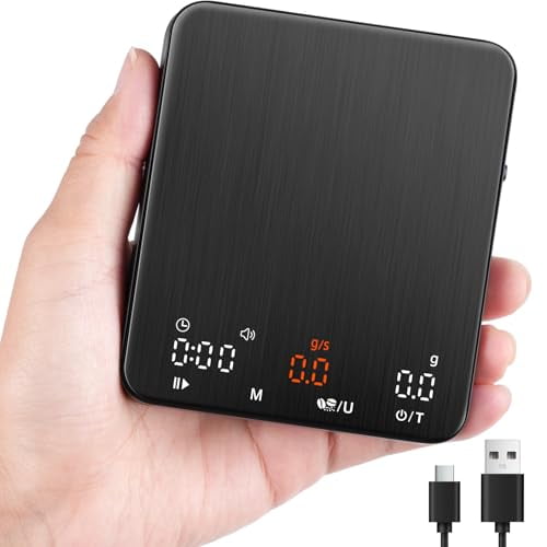 Hasako Mini Espresso Coffee Scale with Timer & Flow Rate, 2kg/0.1g Precision Digital Coffee Scale, Portable Espresso Scale Rechargeable via USB-C, Triple Brew Modes, LED Display, Mute Mode, g/oz/