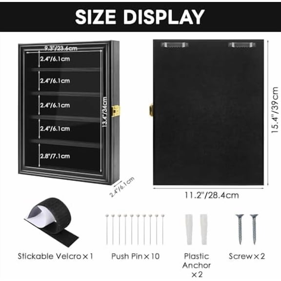 Hasako Premium Challenge Coin Display Case, Lockable Military Shadow Box with Removable Shelves, Solid Wood Wall Mounted Medal & Pin Display Frame with UV Protection Acrylic Door, Black
