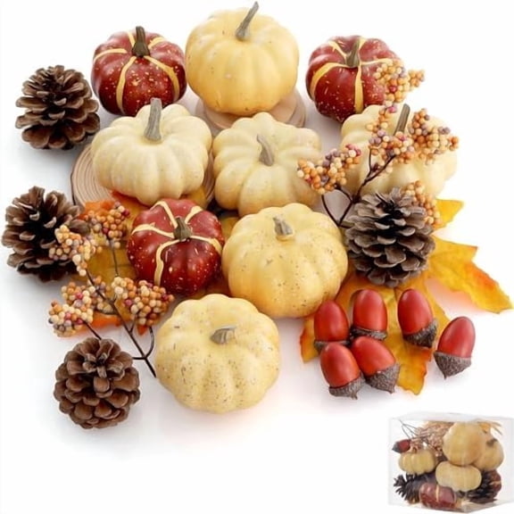 Hasako Pumpkin Decor Set, 23 PCS Fall Harvest Decorations Including Mini Pumpkins, Acorns, Pinecones, Berries, Maple Leaves for Home Table Wedding DIY Fall Halloween Thanksgiving Decor