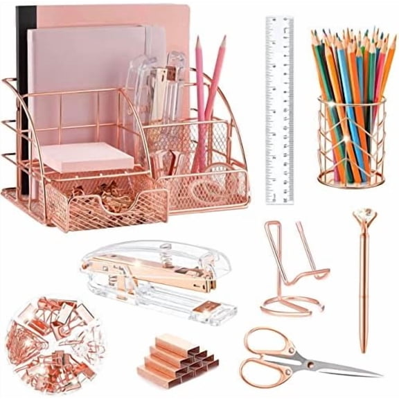 Hasako Rose Gold Desk Organizers and Accessories Office Supplies Set Stapler, Pen Holder, Phone Holder, Scissors, Pen, Ruler, 30 Paper Clips, 22 Binder Clip, 20 Tacks and 1000pcs Staples