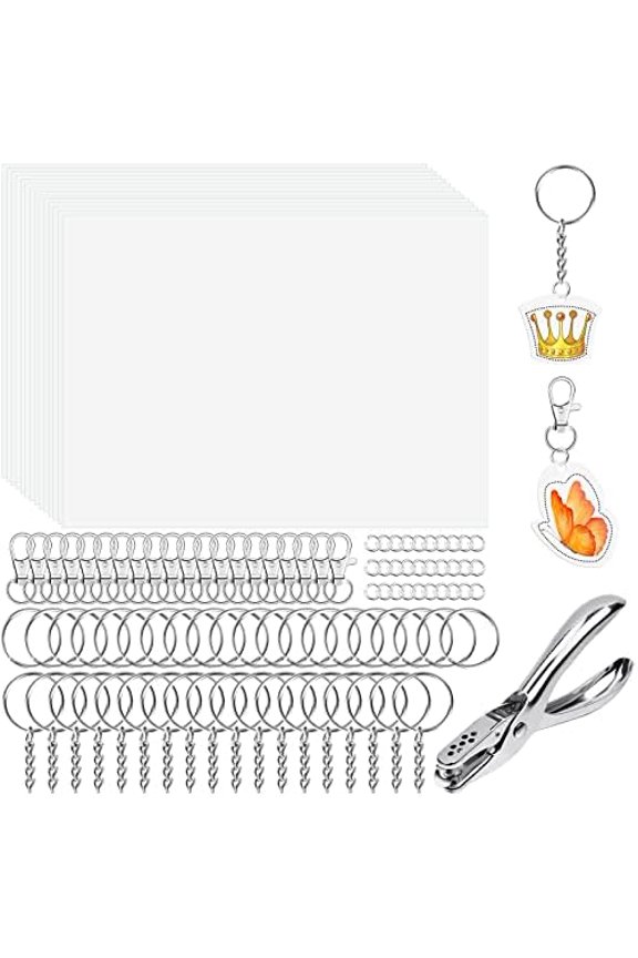 Shrinky Art Keychain kit, Including 20 Sheets Shrink Plastic Paper, Keychain Clip, Split Key Rings, Key Rings with Chain, Jump Rings, Hole Punch for Craft Creative