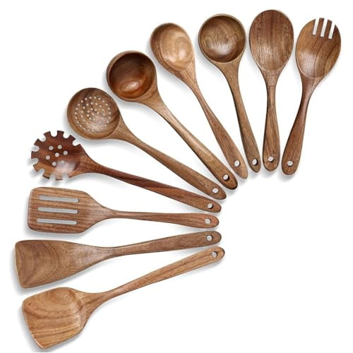 Hasako Wooden Spoons for Cooking, 10PCS Natural Acacia Wood Kitchen Utensils Set, Wooden Utensil Set for Nonstick Cookware, Smooth Finish, Sturdy & Durable