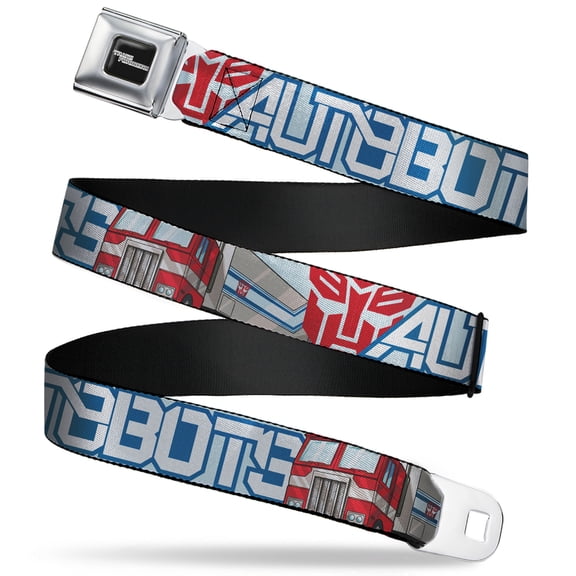 Hasbro Belt, Seatbelt Buckle Belt, Transformers Autobots Optimus Prime Semi Truck Collage Blue, 34 to 52 Inches
