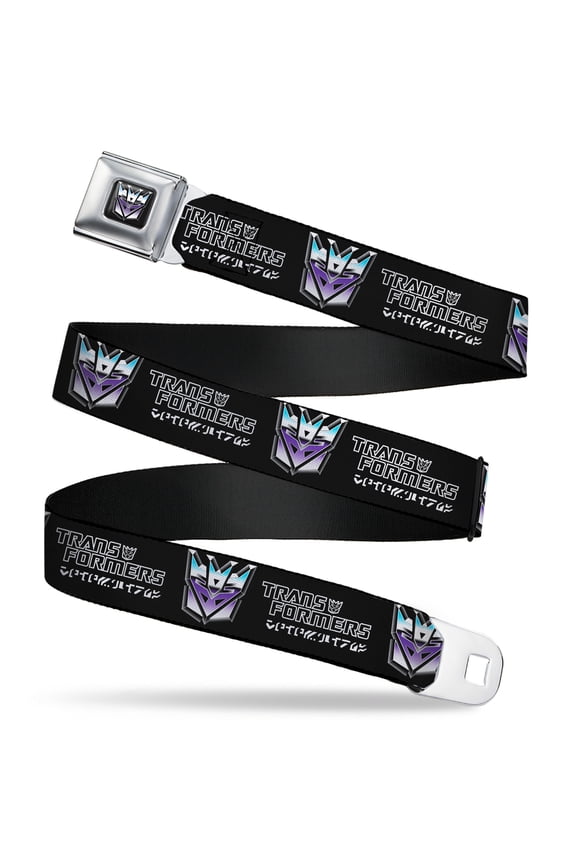 Hasbro Belt, Seatbelt Buckle Belt, Transformers Decepticons Cybertronian Icon Black Grays Purple, 30 to 44 Inches