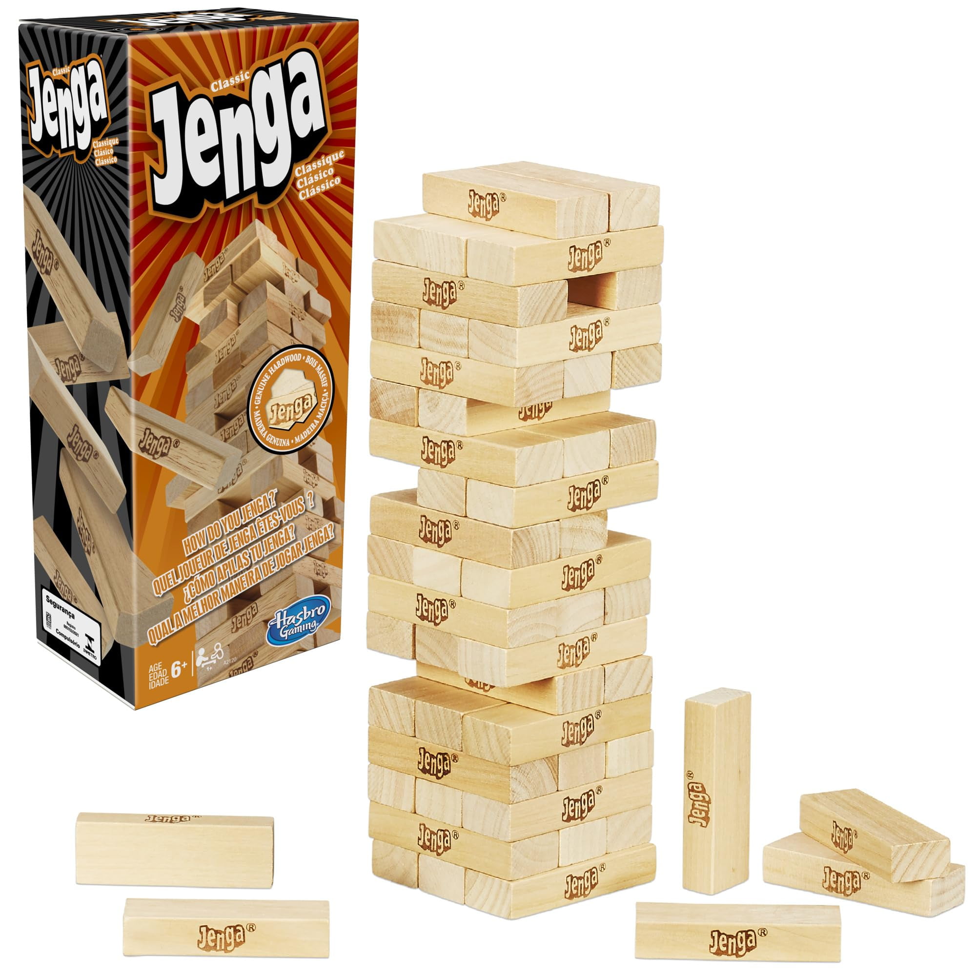 Hasbro Gaming Jenga Classic Game with Genuine Hardwood Blocks,Stacking Tower Game for 1 or More Players,Kids Ages 6 and Up E11