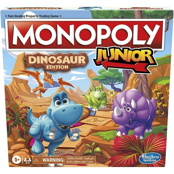 Hasbro Gaming Monopoly Junior Dinosaur Edition Board Game, 2-4 Players, with Dino-Themed Toy Tokens, for Kids, Ages 5+
