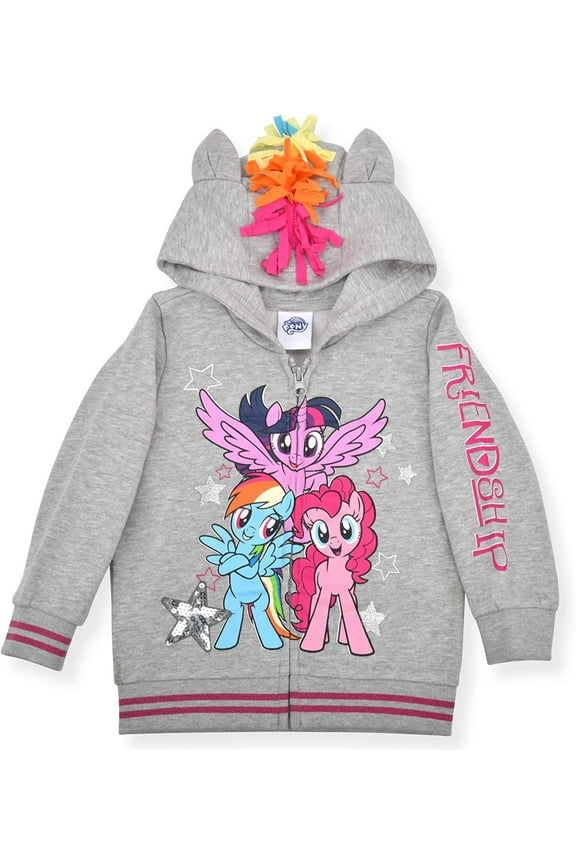 Hasbro Girl's My Little Pony Friendship Full Zipper Hoodie with Ears, Grey, Size 5