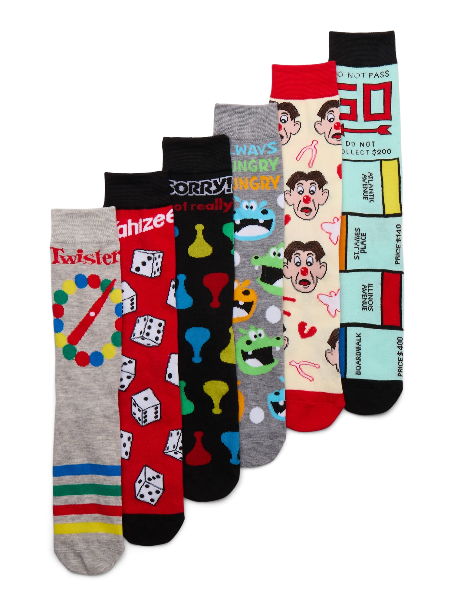 HASBRO Men's Classic Games Crew Socks, 6 Pack, Shoe Sizes 8-12