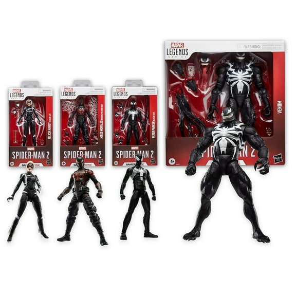 Hasbro - Spider-Man 2 Marvel Legends Gamerverse Action Figures Bundle (Peter Parker Black Suit, Black Cat, Miles Morales Brooklyn, and Venom) - 4 Items