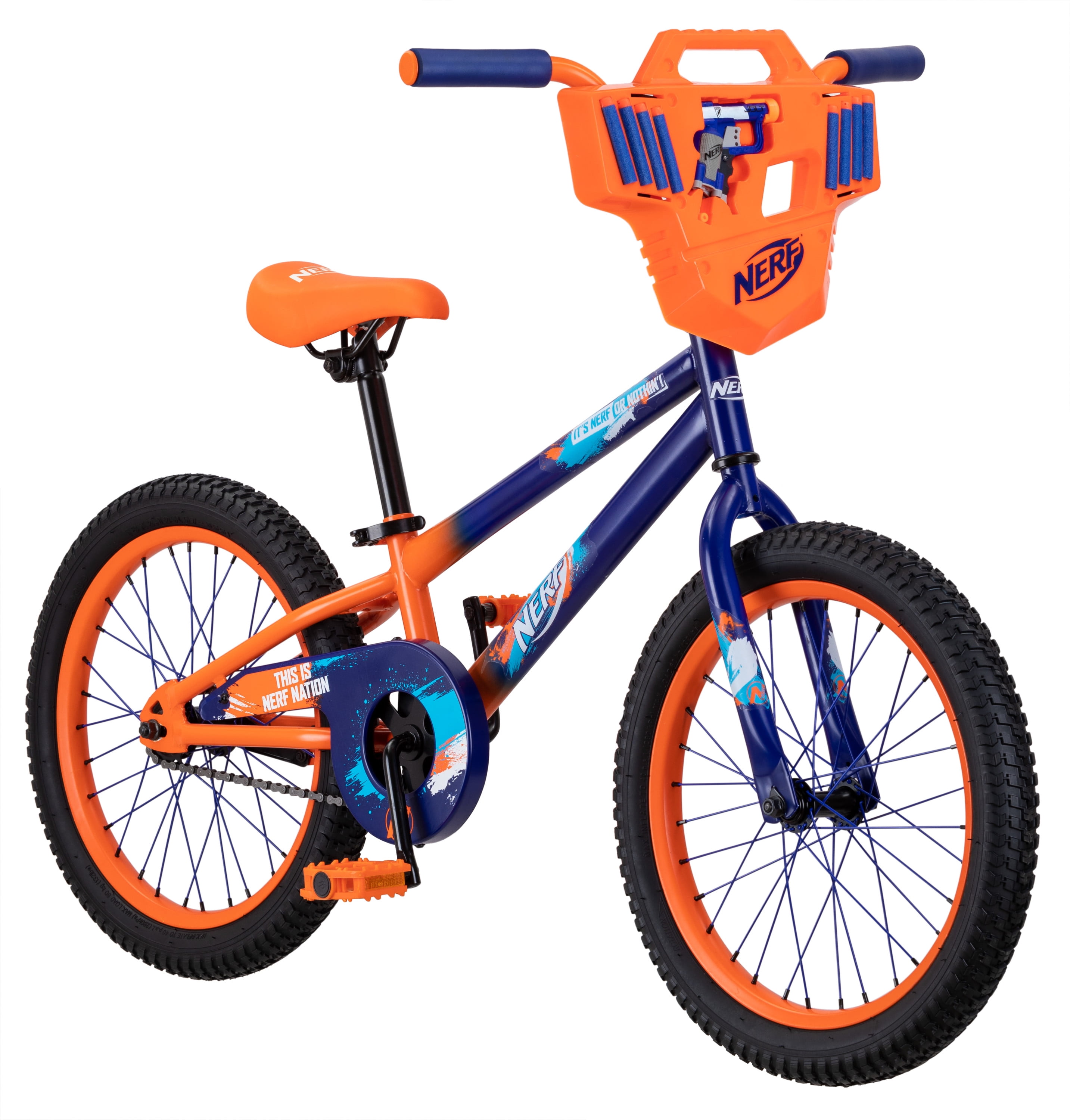 Hasbro s Nerf Kid s Bike with Shield Jolt Blaster 8 darts 18 inch wheel Single speed Ages 5 7 Blue Orange