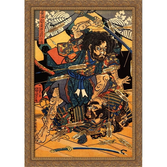 Hasebe Nobutsura during the taira attack on the takakura palace 28x40 Large Gold Ornate Wood Framed Canvas Art by Utagawa Kuniyoshi