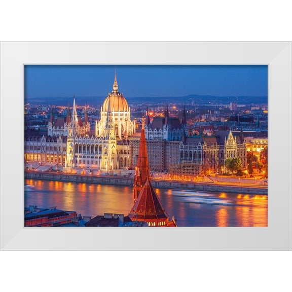 Haseltine, Tom 14x11 White Modern Wood Framed Museum Art Print Titled - View of Parliament Buildings along Danube River at dusk-Budapest-Capital of Hungary-Europe