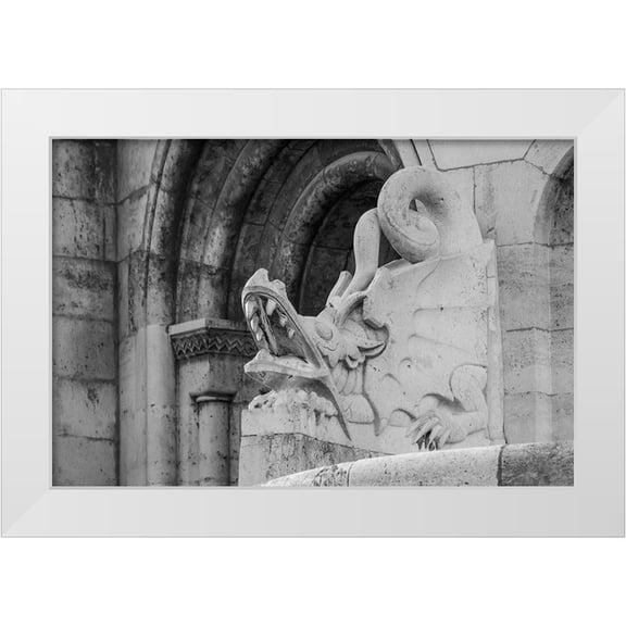 Haseltine, Tom 18x13 White Modern Wood Framed Museum Art Print Titled - Hungary-Budapest-Dragon statue at Fishermans Bastion building