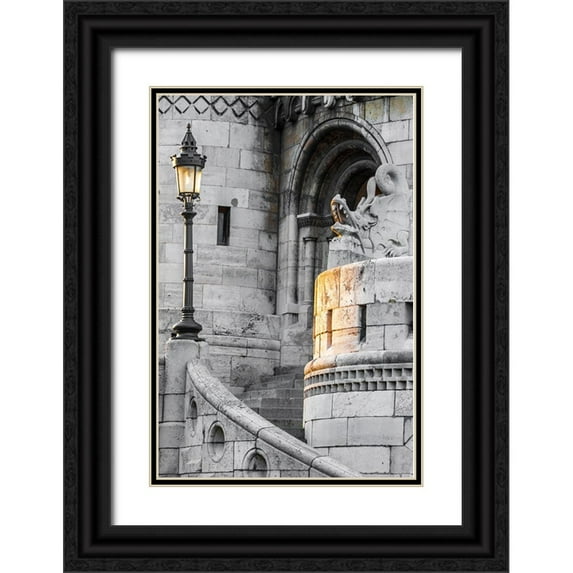 Haseltine, Tom 23x32 Black Ornate Wood Framed with Double Matting Museum Art Print Titled - Hungary-Budapest-Light hitting lamppost-staircase-and dragon statue on Fishermans Bastion building