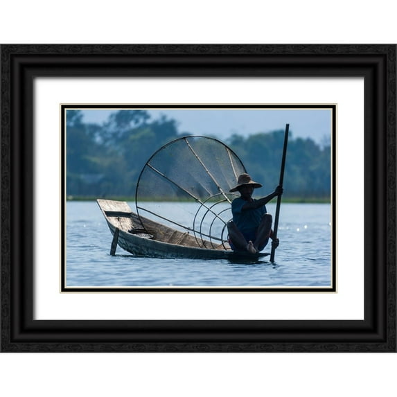 Haseltine, Tom 24x17 Black Ornate Wood Framed with Double Matting Museum Art Print Titled - Inlay Lake-Shan State-Myanmar-Fisherman poles his canoe