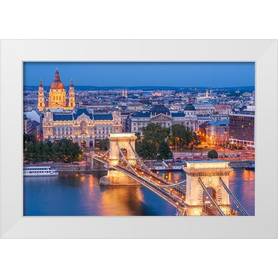 Haseltine, Tom 32x23 White Modern Wood Framed Museum Art Print Titled - Hungary-Budapest-Szechenyi Chain Bridge across the Danube River-illuminated at night-built between