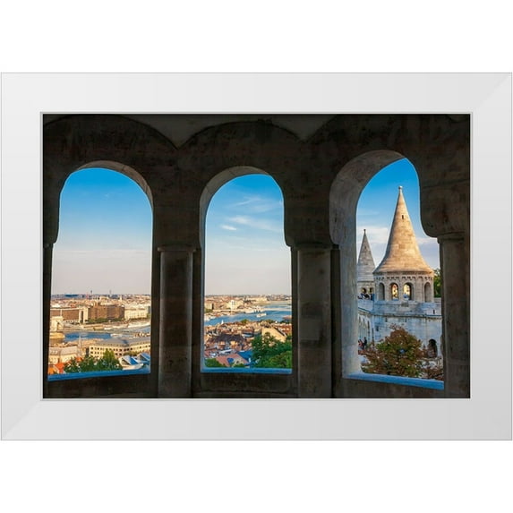 Haseltine, Tom 32x23 White Modern Wood Framed Museum Art Print Titled - Hungary-Budapest-View from inside Fishermans Bastion