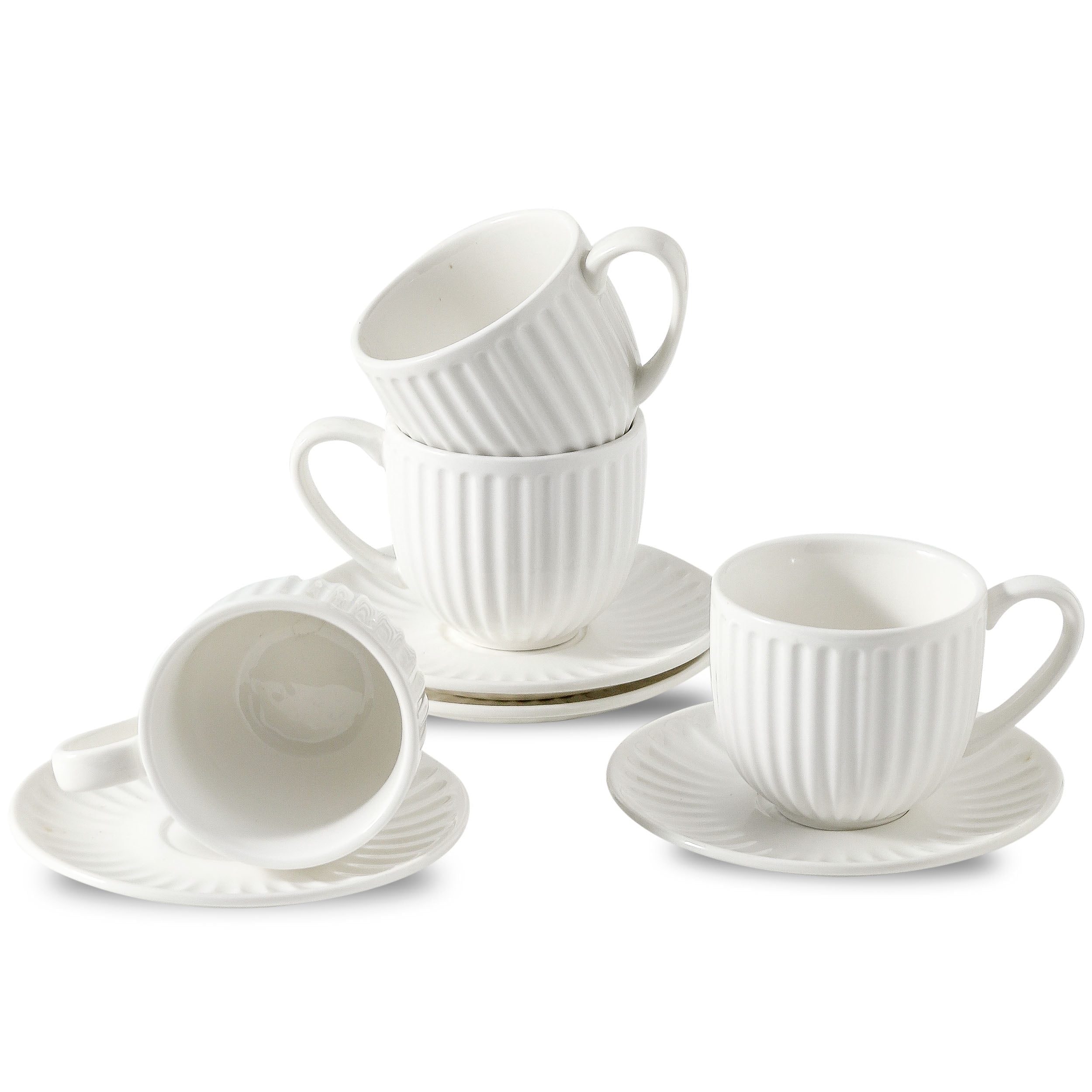 Hasense Cappuccino Cups and Saucers Set of 4, Porcelain Ribbed 6 Oz Demitasse Tea Cup with big Handle, Mugs Set for Coffee,Tea,Latte and Mocha, Aesthetic Gift for Anniversary Holiday, White
