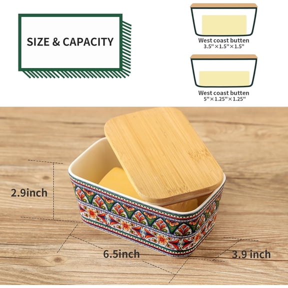 Hasense Ceramic Butter Dish with Cover, Large Capacity Butter Keeper with Airtight Lid, Farmhouse Style Butter Container for Countertop & Fridge, Green Printed Kitchen Tableware, Dishwasher Safe
