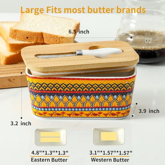 Hasense Golden Bloom Butter Dish - Ceramic Butter Keeper with Bamboo Lid & Knife, Airtight for Countertop, Elegant Farmhouse Kitchen Gift