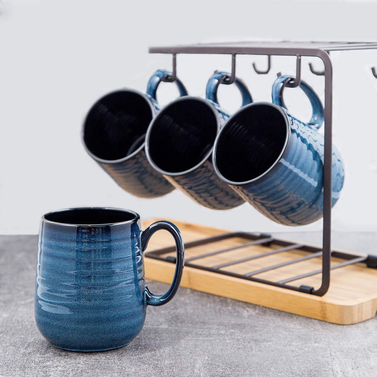 HI-SENSEカップ&ソーサーセット Hasense Coffee Mug Set, 15 oz Ceramic Large Blue Mugs with Big