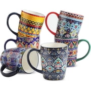 Hasense Coffee Mugs Set of 6, 16 oz Large Ceramic Coffee Cups with Handles, Bohemian Style for Latte, Cappuccino, Milk, Hot Cocoa & Tea, Dishwasher and Microwave Safe