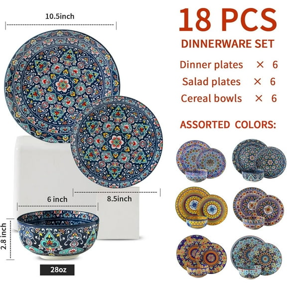 Hasense Dinnerware Sets, 18 Pieces Plates and Bowls Sets, Ceramic Plates Set, Dishes Set for 6, Oven, Microwave & Dishwasher Safe, Scratch Resistant, Bohemian