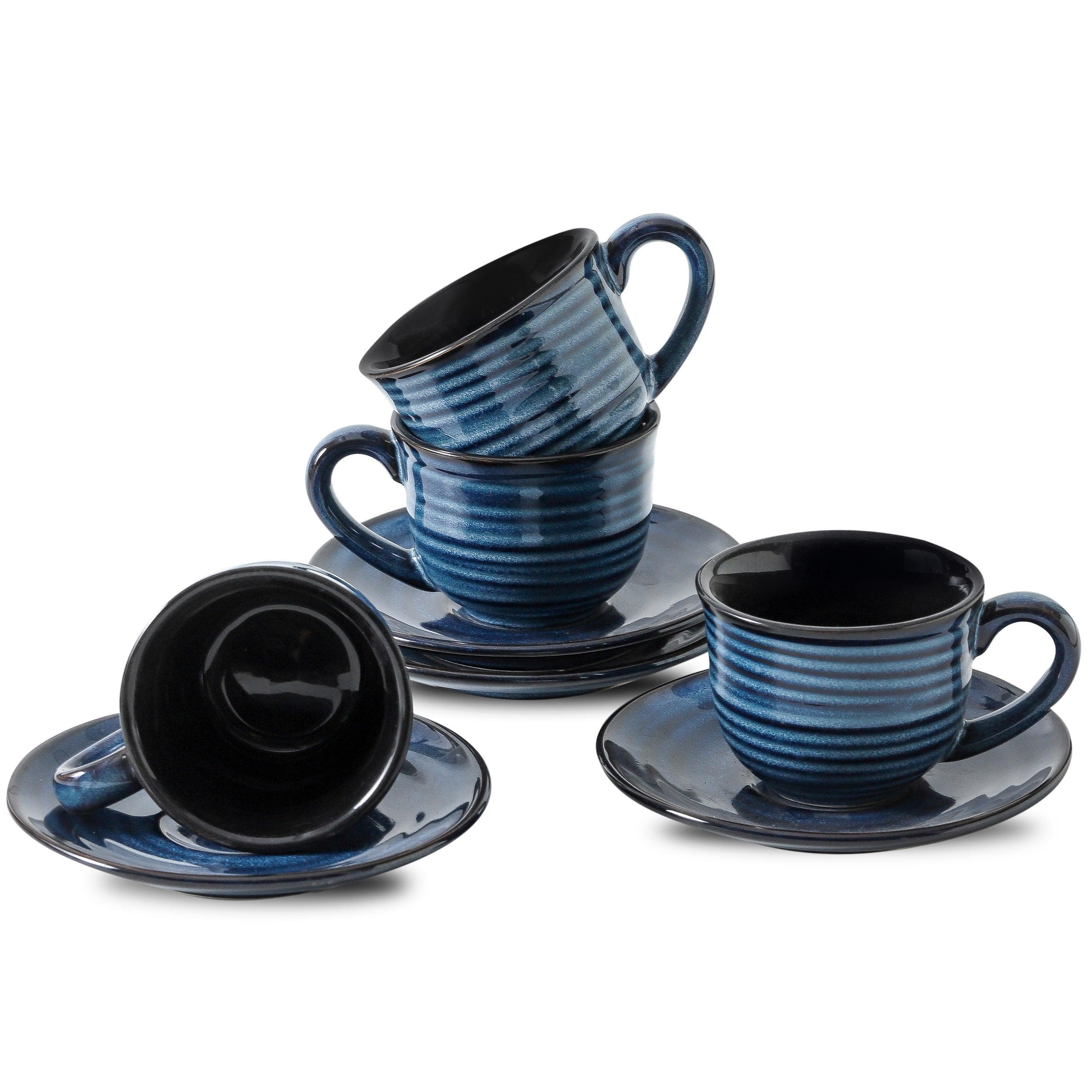 Hasense Espresso Cups Set of 4, 4 Ounce Ceramic Cappuccino Cup with Saucers, Small Coffee Mugs for Espresso Shots, Cappuccino, Tea, Latte, Demitasse, Great for Gift, Blue