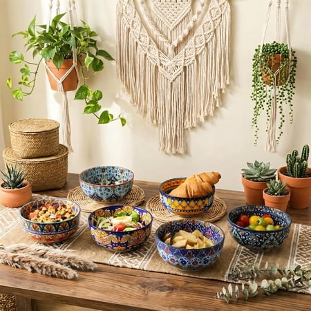 Hasense Soup Bowls Set of 6, 26 OZ Ceramic Cereal Bowls for Kitchen, Bohemian Bowls for Breakfast, Oatmeal, Fruit, Pasta, Rice, Dessert, Dishwasher & Microwave safe