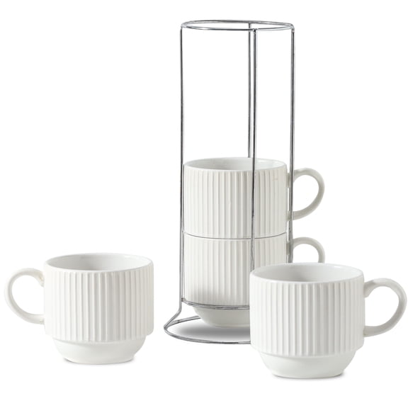 Hasense Stackable Coffee Mugs with Rack - 15 oz Large Ceramic Coffee Cup Set of 4 for Cappuccino, Tea, Hot Cocoa, Drinks - Dishwasher & Microwave Safe, White