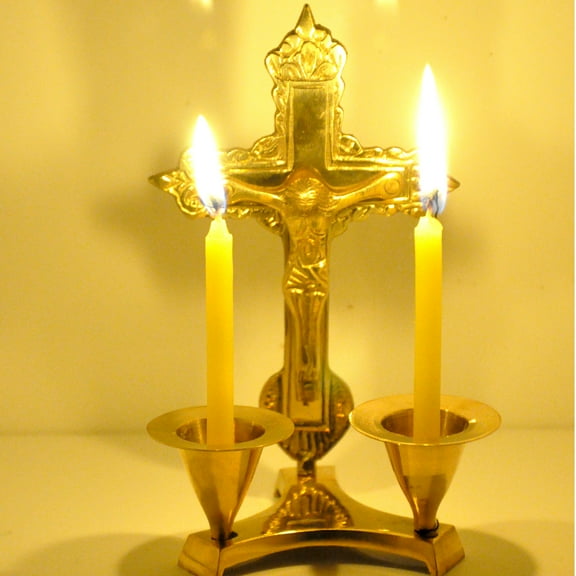 Hashcart Catholic Crucifix Cross with Candle Stand - Candle Stick Holder (6 Inch) Brass Jesus Christ Statue & Figurine for Table Decoration | Home Office Decor |