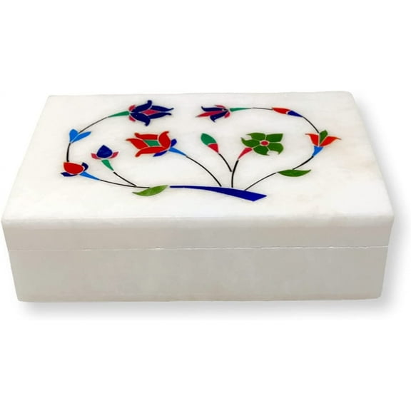 Hashcart Marble Jewelry Box Decorative Trinket Box - Hand carved Floral Design - Keepsake Box | Anniversary, Housewarming Gifts For Women | (6x4 inch)