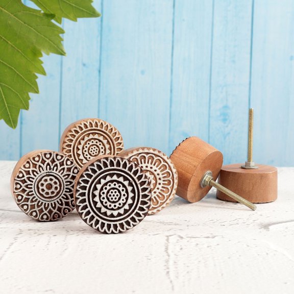 Hashcart® Wooden Multi Design Wooden Knobs for Home | Set of 6 | Unique Handmade Round Knobs for Doors | Floral Design Knobs for Cabinets and Drawers | Perfect Drawer Knobs for Kitechen