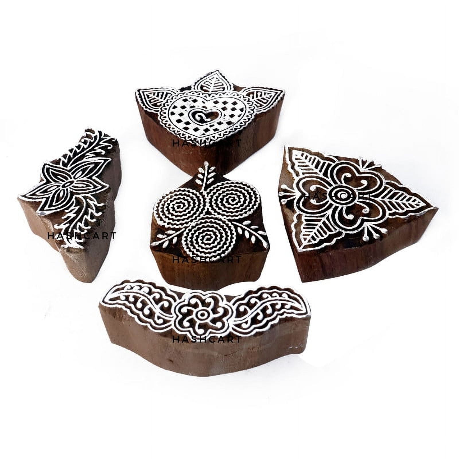 Hashcart Wooden Pottery Stamps for Block Printing Set of 5, Wooden Printing  Stamps for Crafting on Fabric, Clay & Henna Tattoo 