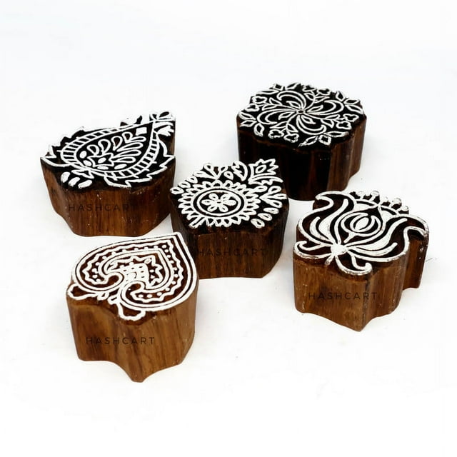 Hashcart Wooden Stamps Floral Design Textile Printing Block Hand Carved  Wood Block Printing Stamps For Fabric  Pottery Clay Tattoo  | Set of 5 |