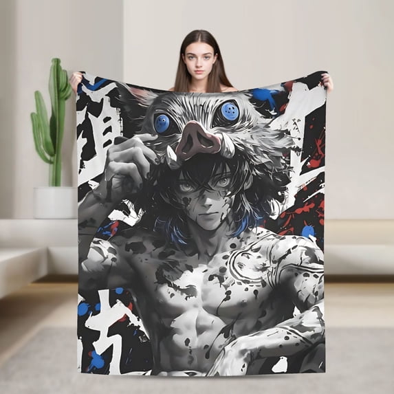Hashibira Inosuke Anime Printed Soft Flannel Plush Throw Blanket Travel Lightweight Conditioning All Season Blanket 40x50 Inosuke-2