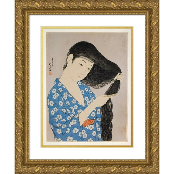 Hashiguchi Goyō 12x14 Gold Ornate Wood Frame and Double Matted Museum Art Print Titled - Woman Combing Her Hair (1920)