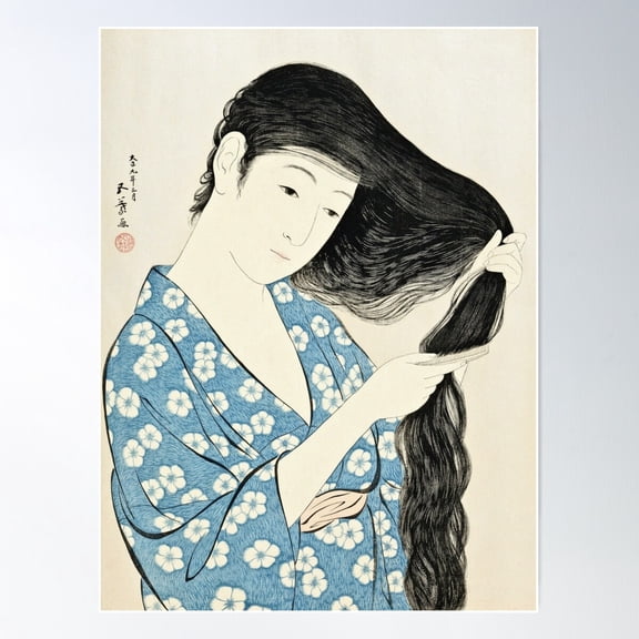 Hashiguchi Goyo - Woman Combing Her Hair (Kami Sukeru Onna) Poster Wall Art, Modern Wall Decor For Living Room Bedroom, 8x12 UNFRAMED
