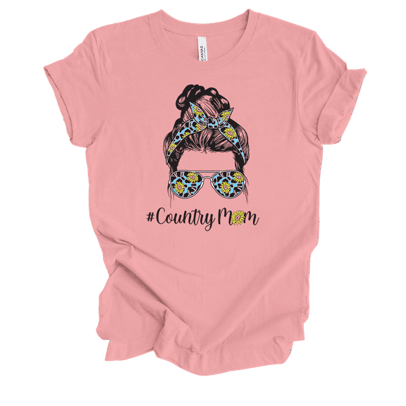Hashtag Country Mom Cute Moden Sunflower Cheetah Print Mother's Day Short Sleeve Ladies Graphic T-Shirt-Pink-4xl